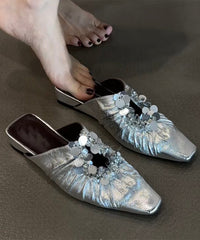 French Black Sequins Wrinkled Splicing Slide Sandals