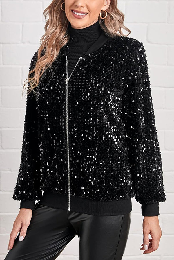 Sequined Long-sleeved Zip-up Casual Jacket