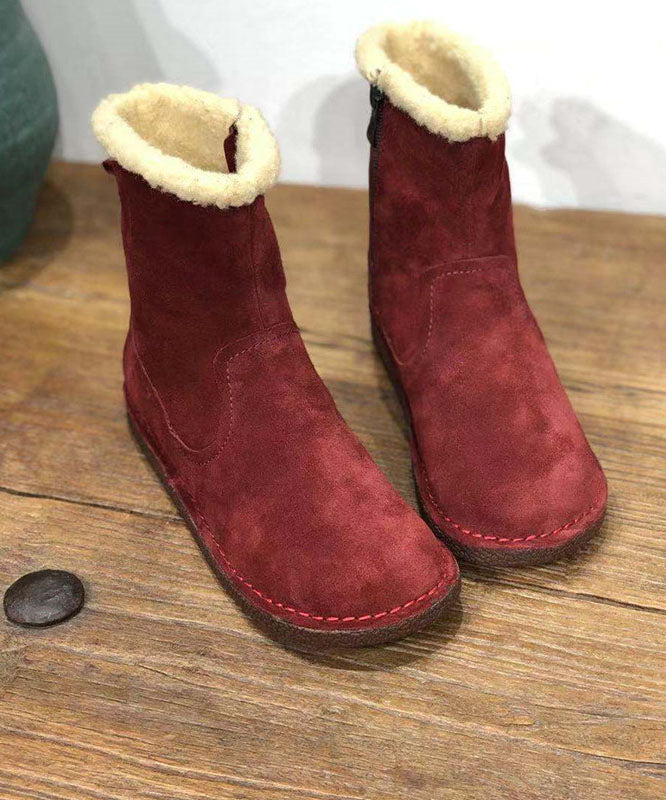 Soft Coffee Cowhide Leather Boots Fuzzy Wool Lined Ankle Boots