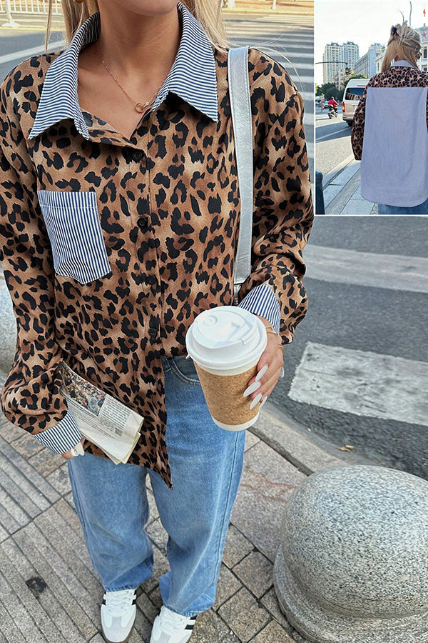 Striped Leopard Print Patchwork Loose Casual Long-sleeved Shirt