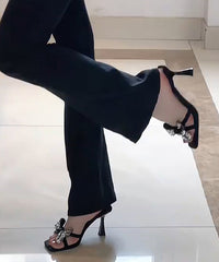 Splicing High Heel Slide Sandals Black Bow Zircon
