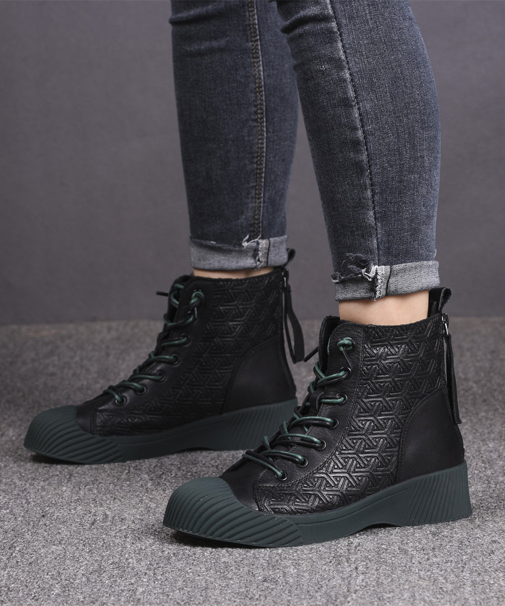 Brown Cowhide Leather Embossed Splicing Lace Up Boots