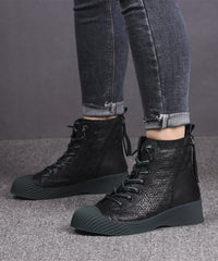 Brown Cowhide Leather Embossed Splicing Lace Up Boots