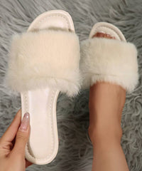 White Splicing Fuzzy Fur Fluffy Slippers Shoes Peep Toe