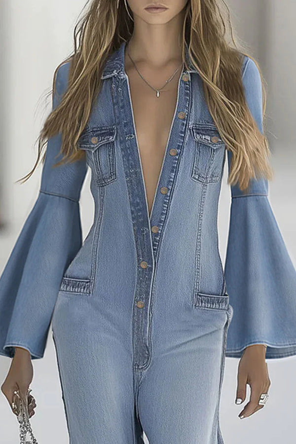 Bell Sleeves Single-breasted Casual Denim Jumpsuit