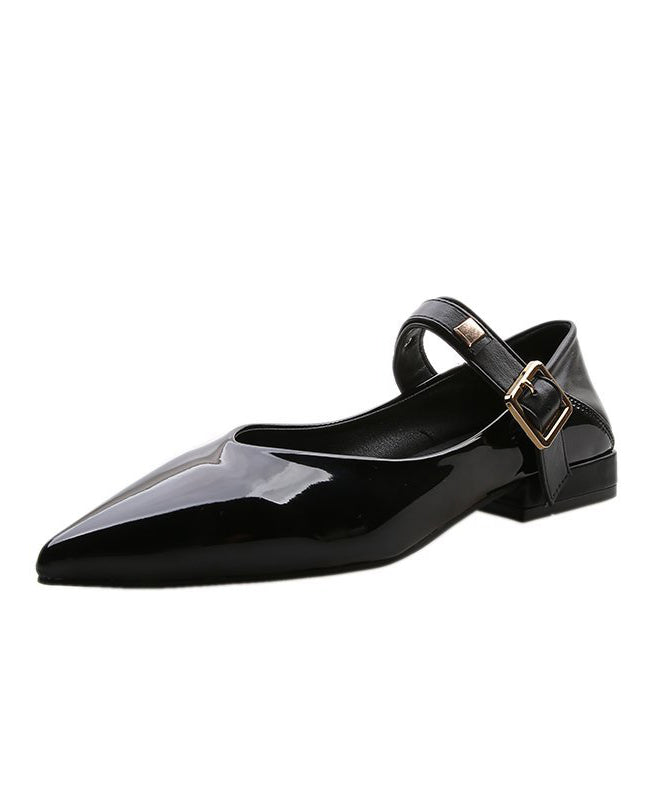 Black Flat Feet Shoes Faux Leather Splicing Buckle Strap