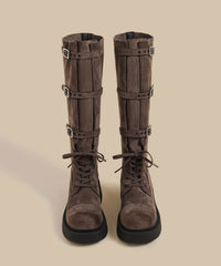 Khaki Chunky Suede Fitted Splicing Lace Up Buckle Strap Boots
