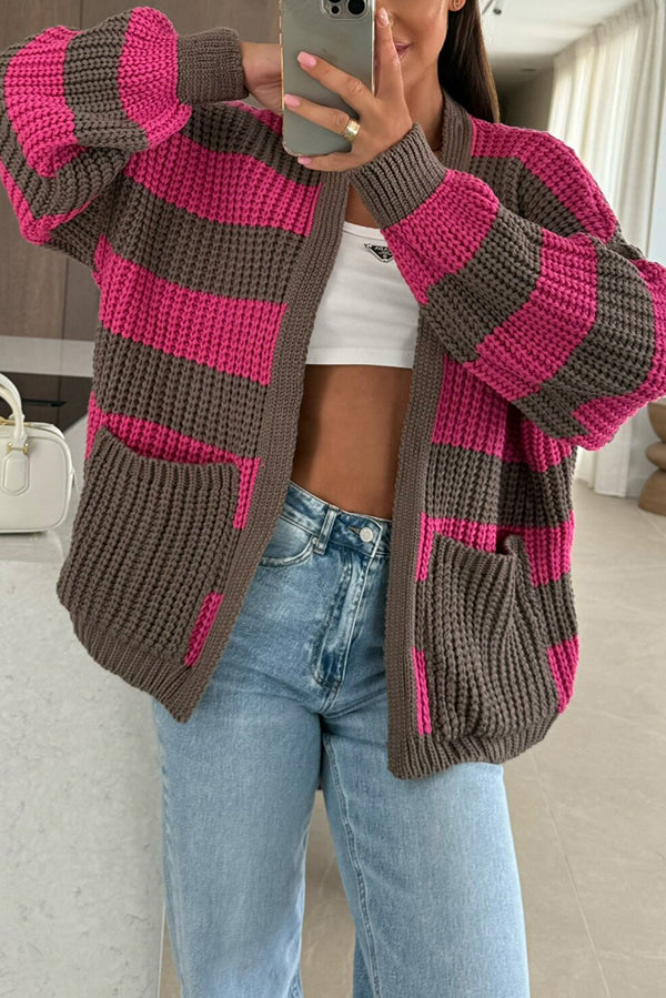 Patchwork Striped Casual Pocket Knitted Sweater