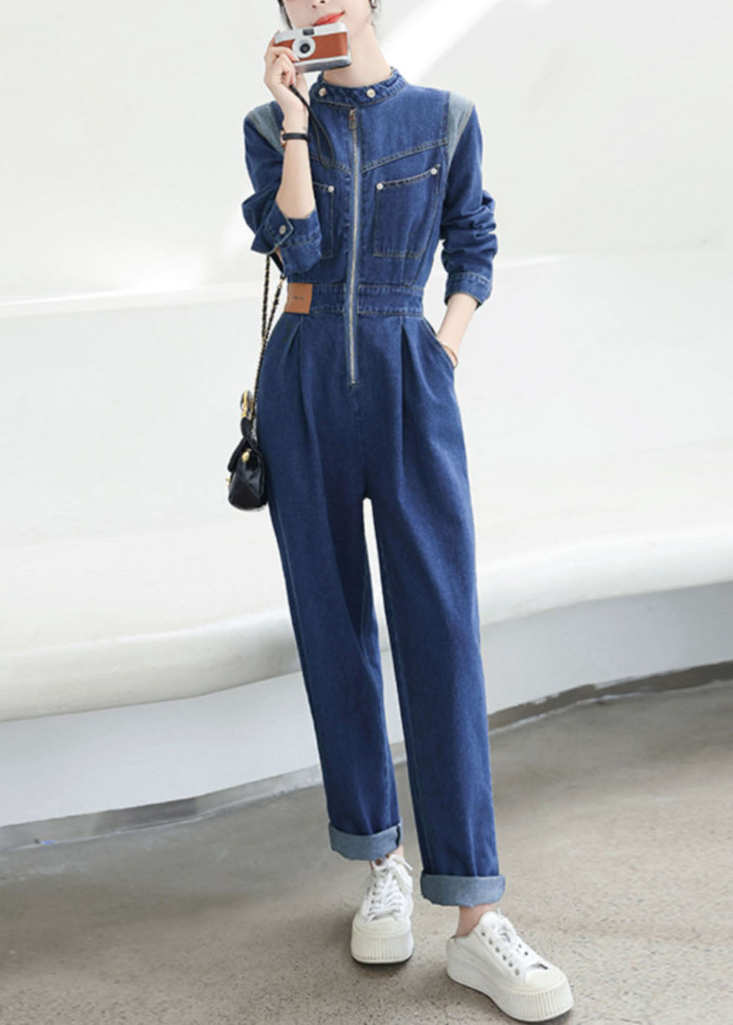 Natural Dark Blue O-Neck Patchwork Flattering Denim Jumpsuit Fall