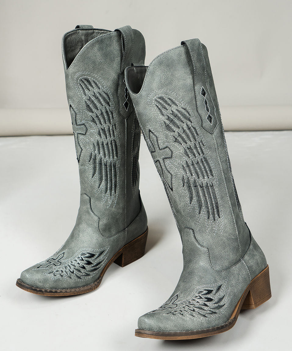 Vintage Chocolate Pointed Toe Embossed Chunky Faux Leather Boots