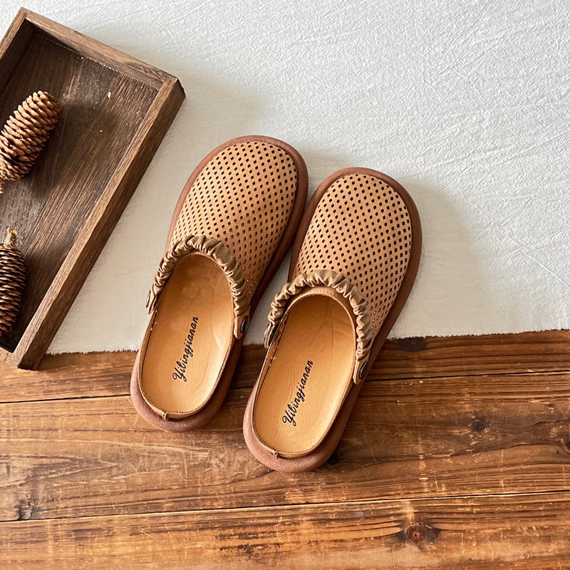 Retro Leather Hollow Soft Casual Sandals / Slippers