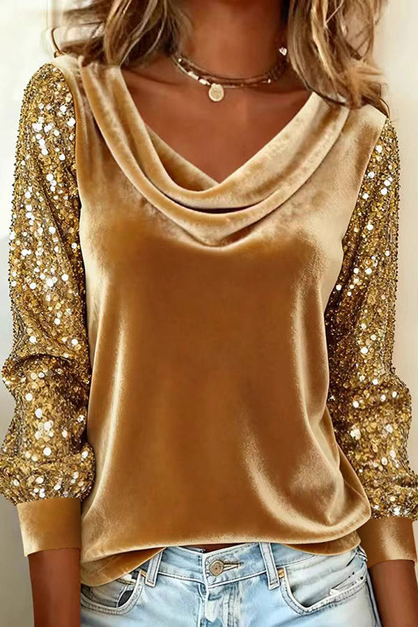 Velvet Sequin Patchwork Long-sleeved Casual Top