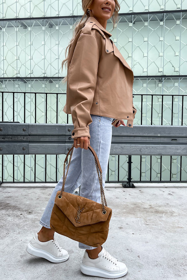 Leather Lapel Pocket British Style Cropped Jacket