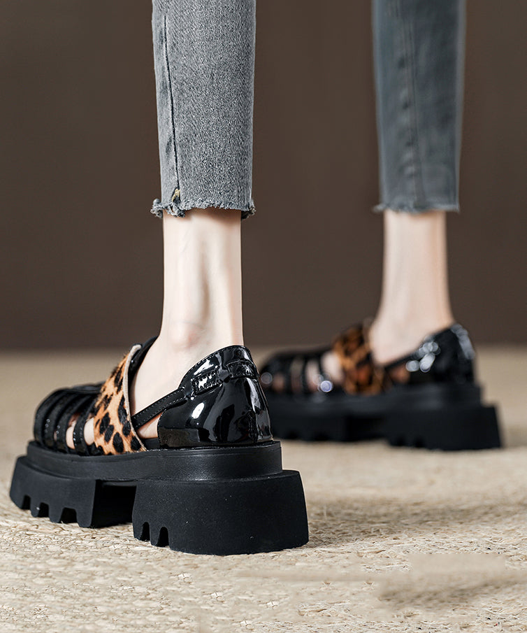 Platform Black Leopard Roman Sandals Hollow Out Design