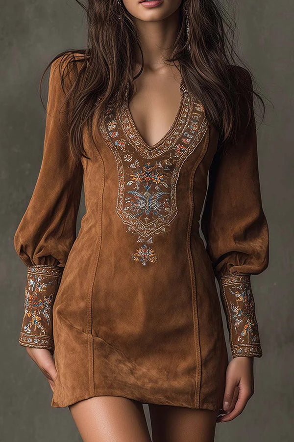 Suede Embroidered V-neck Long-sleeved Slim-fit Mini Dress
