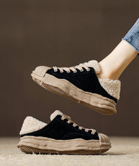 Black Suede Splicing Lace Up Flats Fuzzy Wool Lined