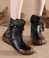 Black Cowhide Leather Comfortable Tassel Splicing Retro Boots