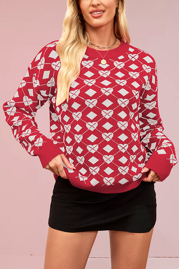 Heart-shaped Jacquard Loose Long-sleeved Knit Sweater
