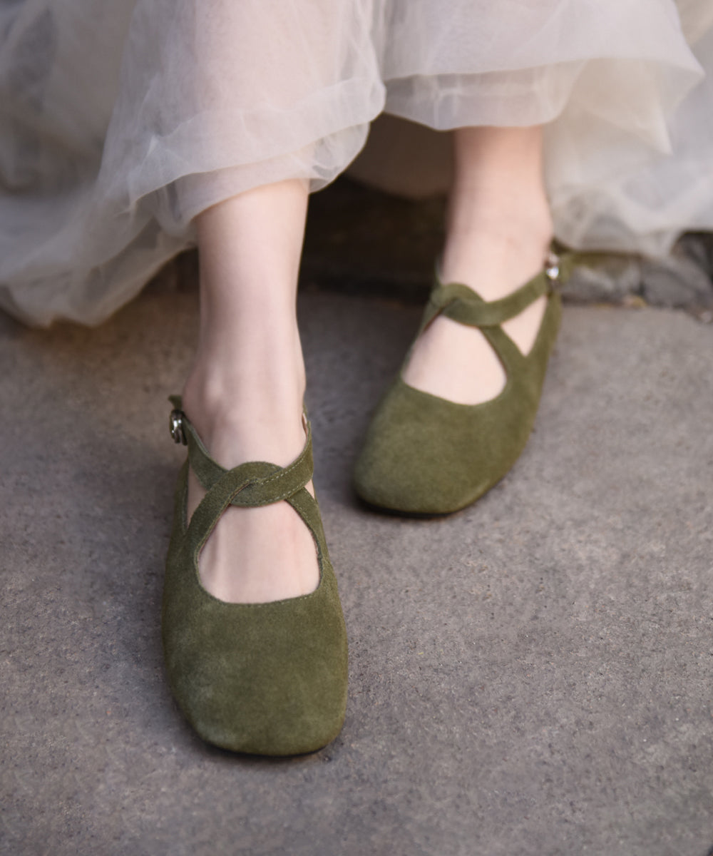 Comfy Flat Feet Shoes Green Suede Cross Strap