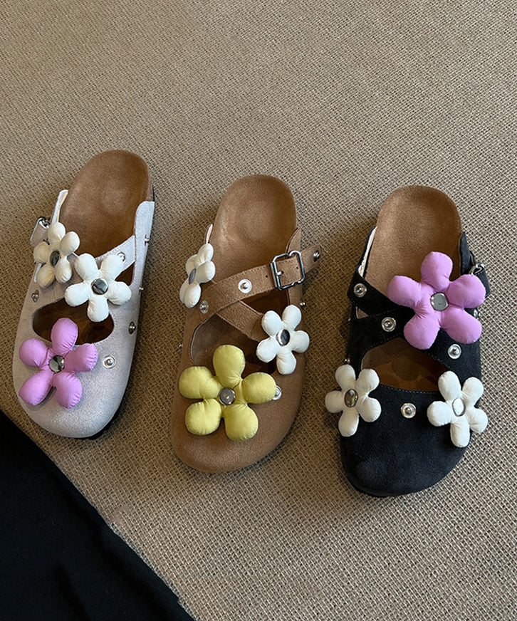 Dark Grey Suede Floral Rivet Splicing Stylish Slide Sandals