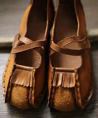 Khaki Buckle Strap Cowhide Leather Flats Shoes