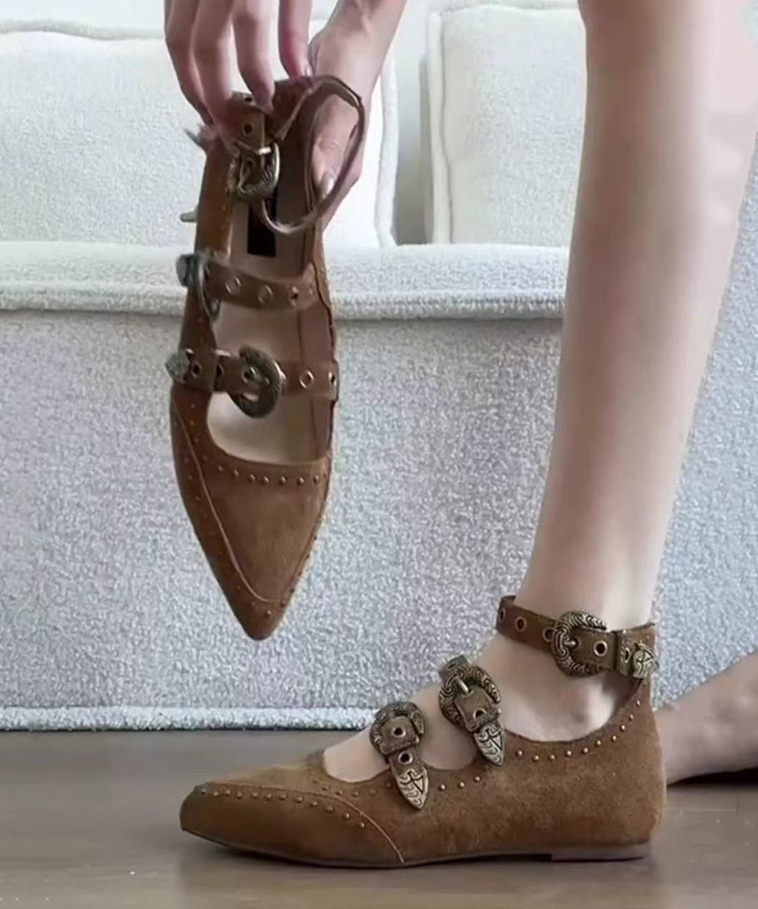 Brown Wedge Heels Shoes Suede Boutique Splicing Buckle Strap Rivet