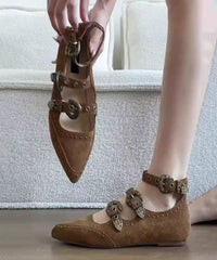 Brown Wedge Heels Shoes Suede Boutique Splicing Buckle Strap Rivet