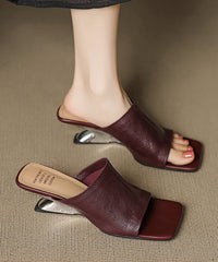 Wine Red Sheepskin Splicing Wedge Heels Slide Sandals