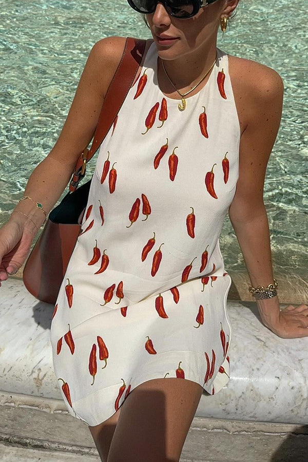 Spicy Chili Pepper Unique Print Soft Fabric Halter Loose Mini Dress