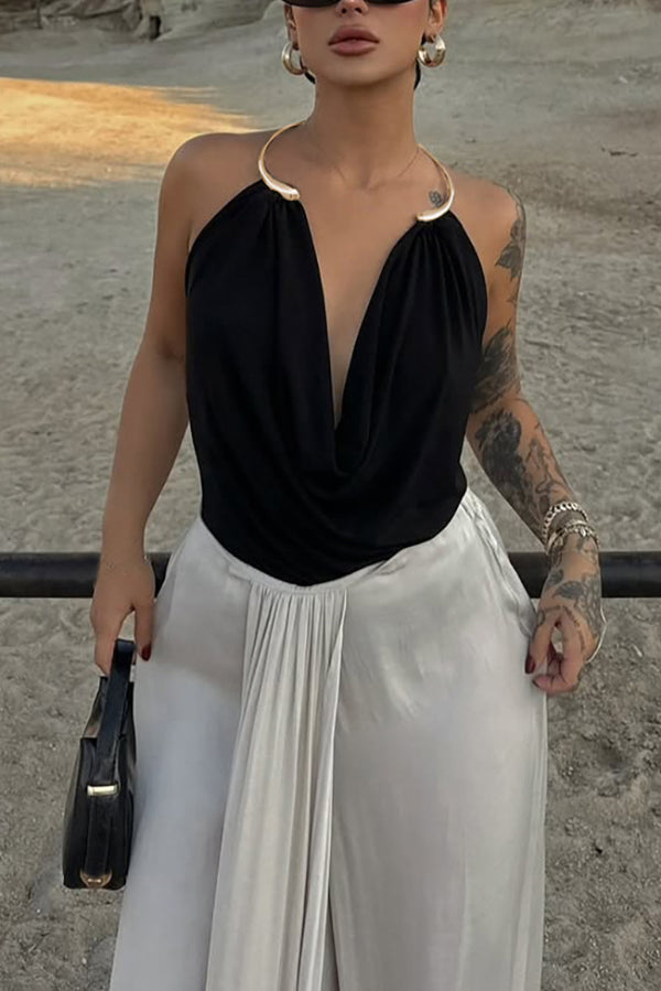 Metal Ring Halter Neck Backless Draped Sleeveless Top