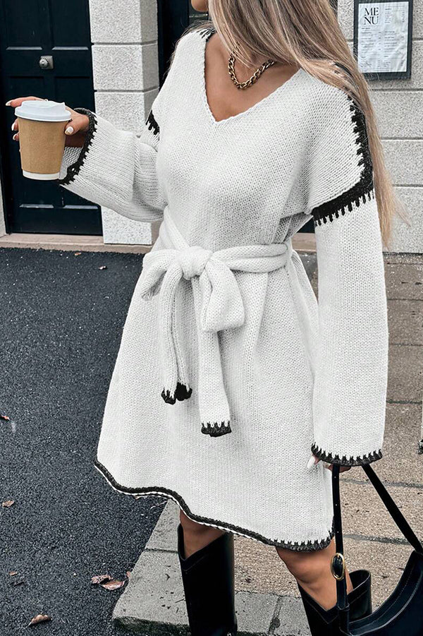Loose-fitting Long-sleeved Tie-waist Knit Mini Dress