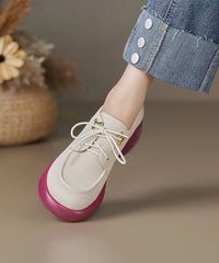 Beige Cowhide Leather Splicing Chunky Loafer Shoes Lace Up