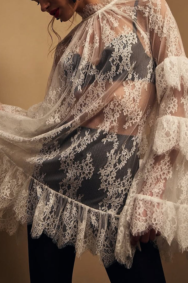 See-through Lace Loose Long-sleeved Mini Dress