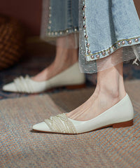 French Black Suede Flat Shoes Pointed Toe Splicing Nail Bead