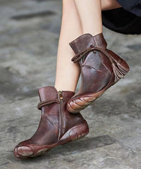 Simple Zippered Splicing Tassel Boots Brown Cowhide Leather