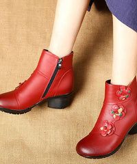 Red Boots Chunky Cowhide Leather Splicing Floral
