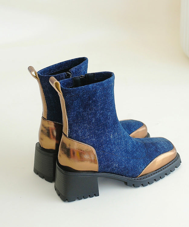 Beautiful Blue Cowhide Leather Splicing Chunky Boots
