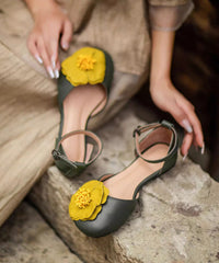 Vintage Green Flat Sandals Splicing Floral Buckle Strap