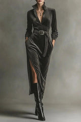 Solid Color Long-sleeved High-waisted Belted Casual Pocket Midi Dress