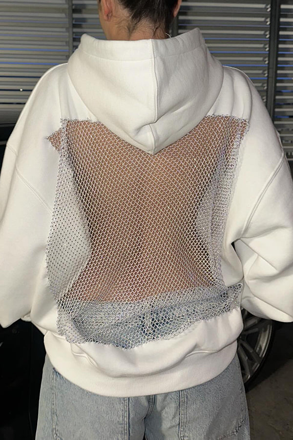 Shiny Mesh Hollow Back Loose Long-sleeved Hooded Sweatshirt