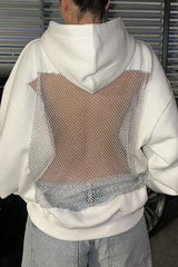 Shiny Mesh Hollow Back Loose Long-sleeved Hooded Sweatshirt