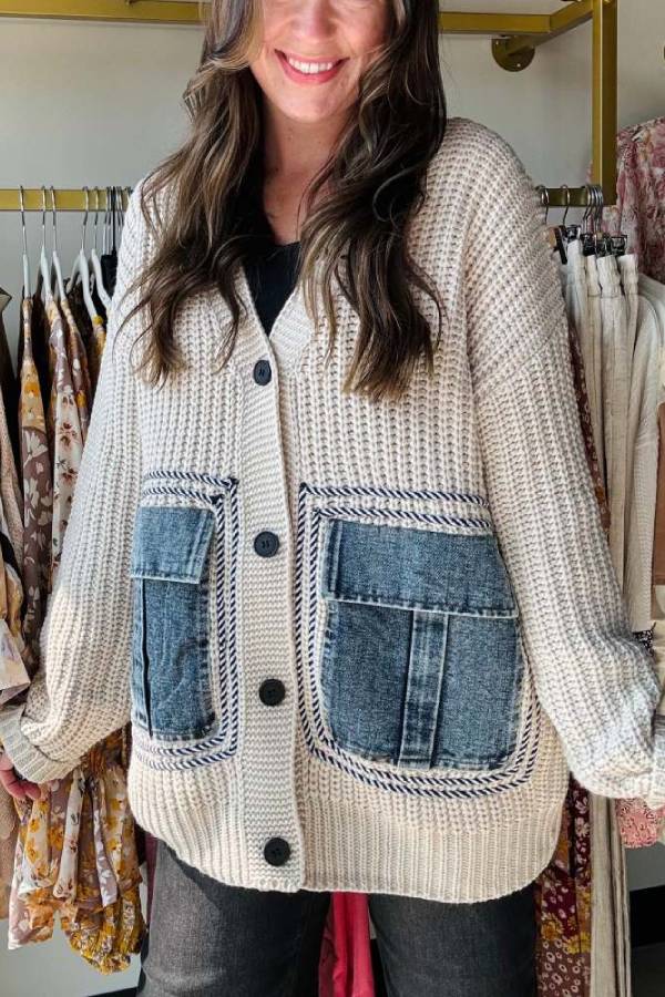Loose Spliced denim Pocket Knitted Sweater Cardigan