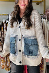 Loose Spliced denim Pocket Knitted Sweater Cardigan