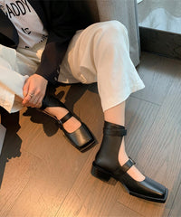 Black Chunky Cowhide Leather Classy Splicing Sandals Boots