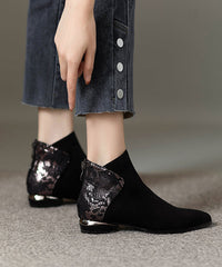 Black Suede Zippered Splicing Ankle Boots Pointed Toe