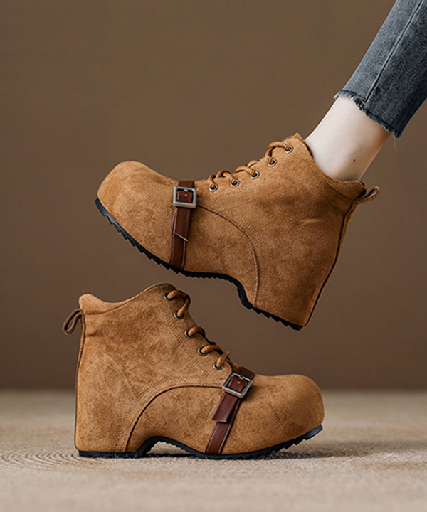 Stylish Camel Lace Up Suede Splicing Platform Boots