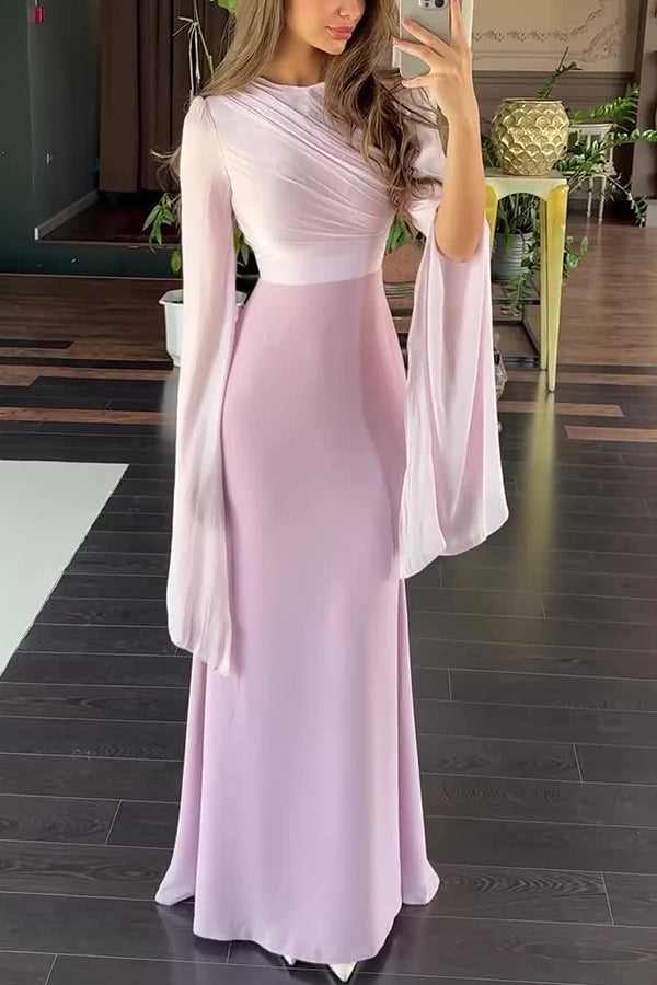 Slit Long-sleeved Patchwork Slim-fit Maxi Dress