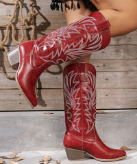 Red Embossed Hollow Out Faux Leather Chunky Thigh Boots