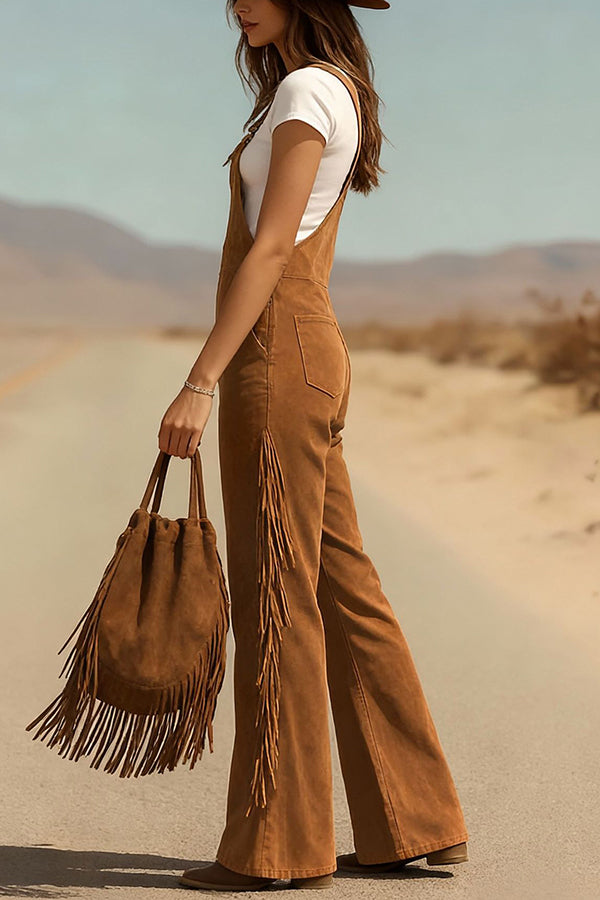 Suede Tassel Button Pocket Casual Wide-leg Overalls