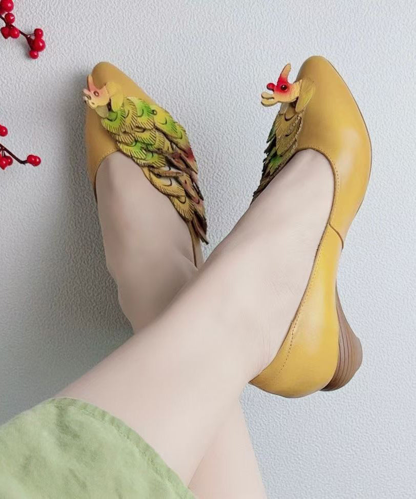 Retro Ethnic Style Yellow Pointed Toe Cowhide Leather Shoes
